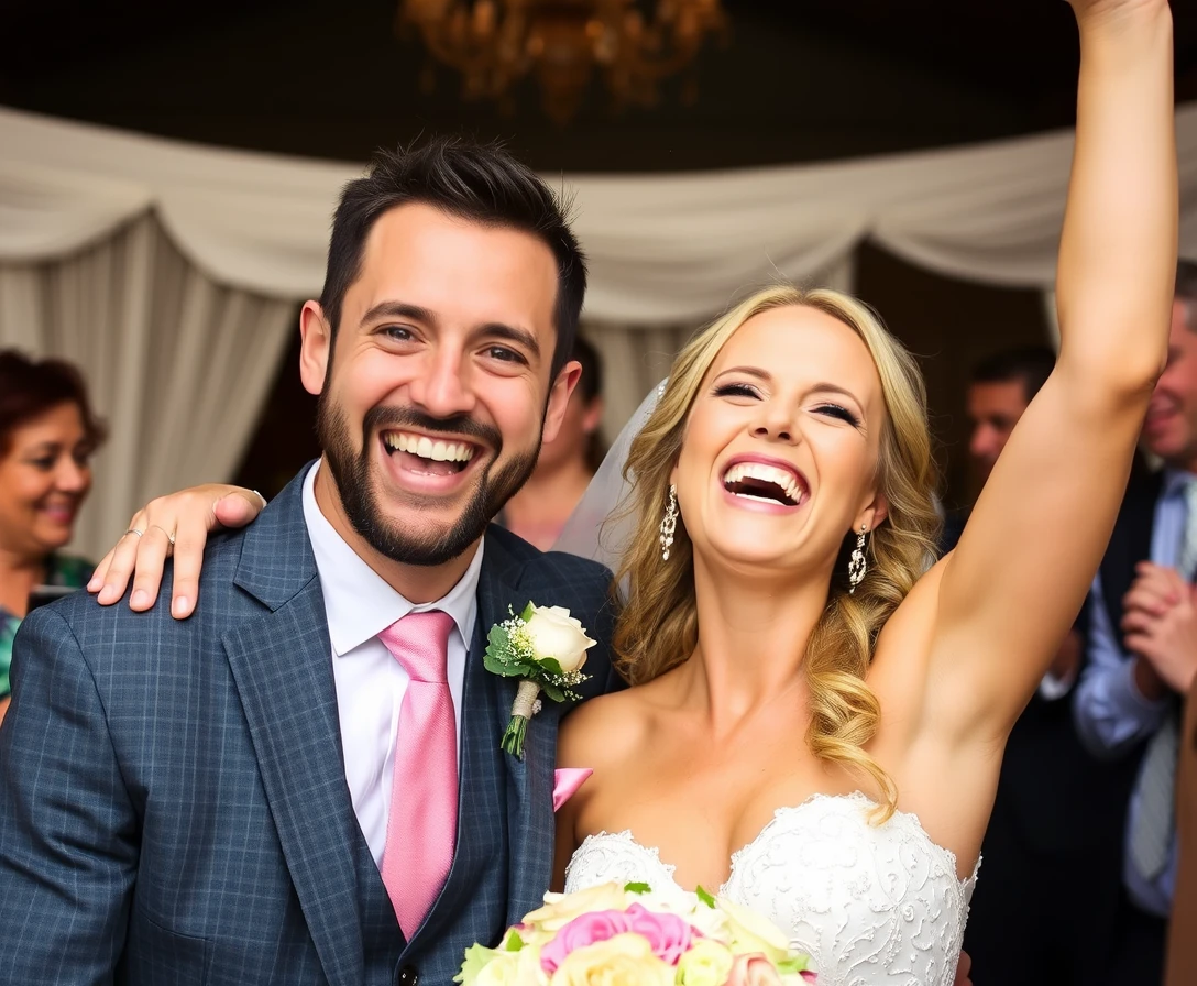 Joyful bride and groom at their wedding