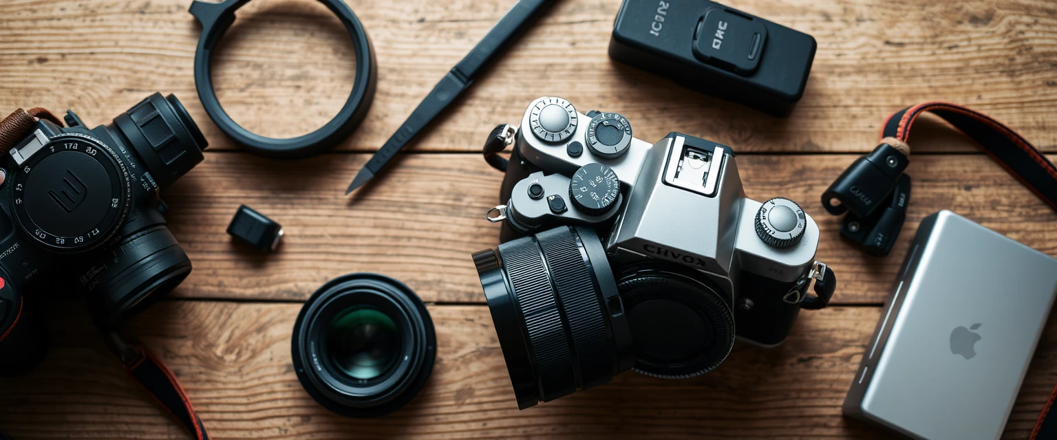 Camera equipment on a wooden table
